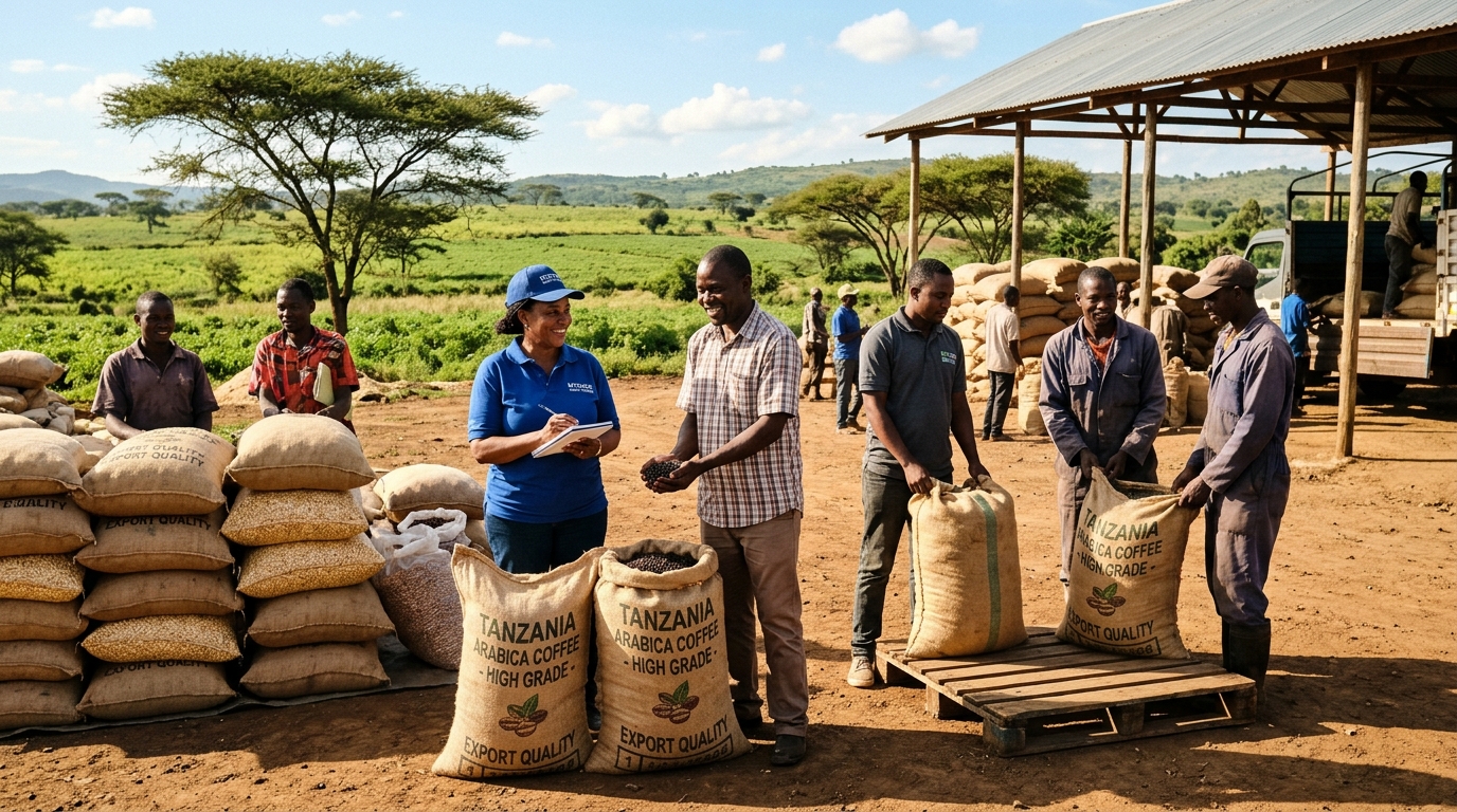 East African agricultural depot with farmers and export managers inspecting export-grade commodities