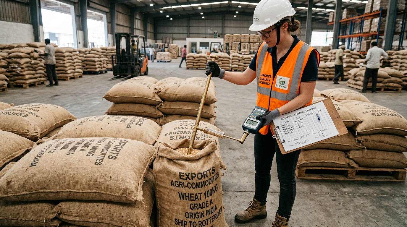 Quality assurance inspector using brass grain probe and digital moisture meter on export jute bags