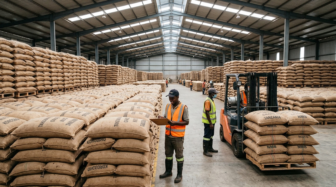 Cashewnut Board of Tanzania regulated warehouse with stacked 80kg export jute bags of raw cashew nuts