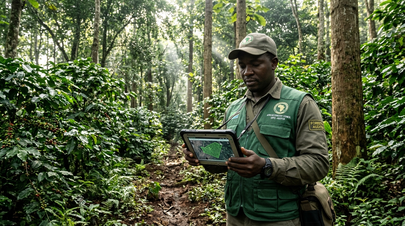 Forestry compliance auditor recording GPS polygon coordinates for EUDR zero-deforestation certification