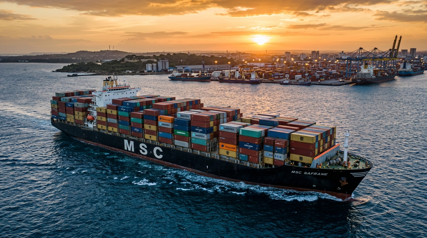 International container cargo vessel underway at sea navigating maritime freight trade routes