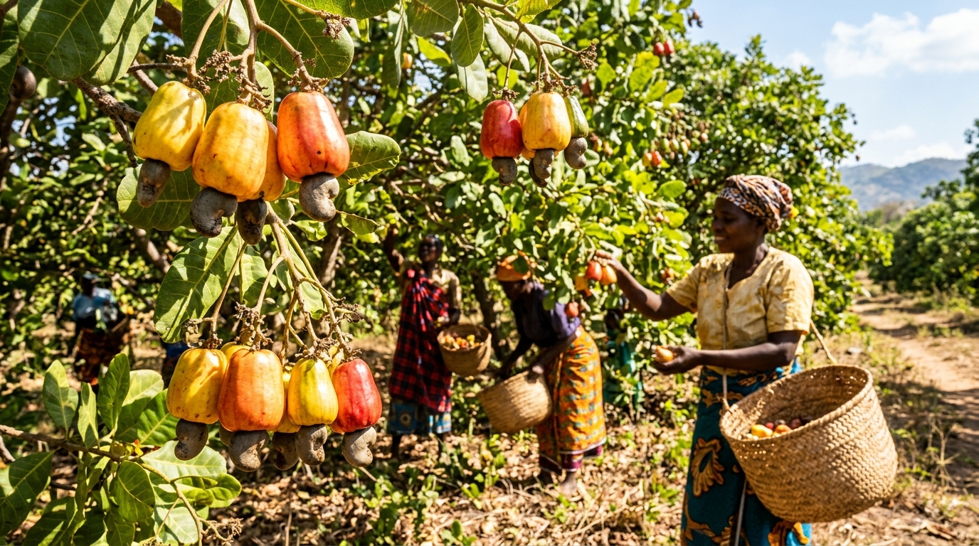Tanzanian cashew farmer harvesting ripe cashew apples and nuts during peak harvest season