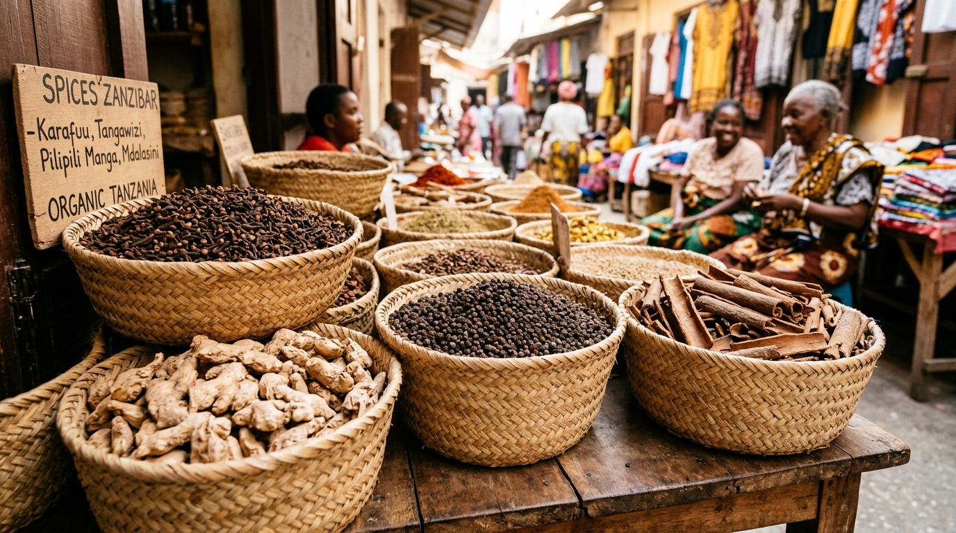 Authentic Zanzibar whole cloves, sun-dried ginger, and organic spices in traditional woven baskets