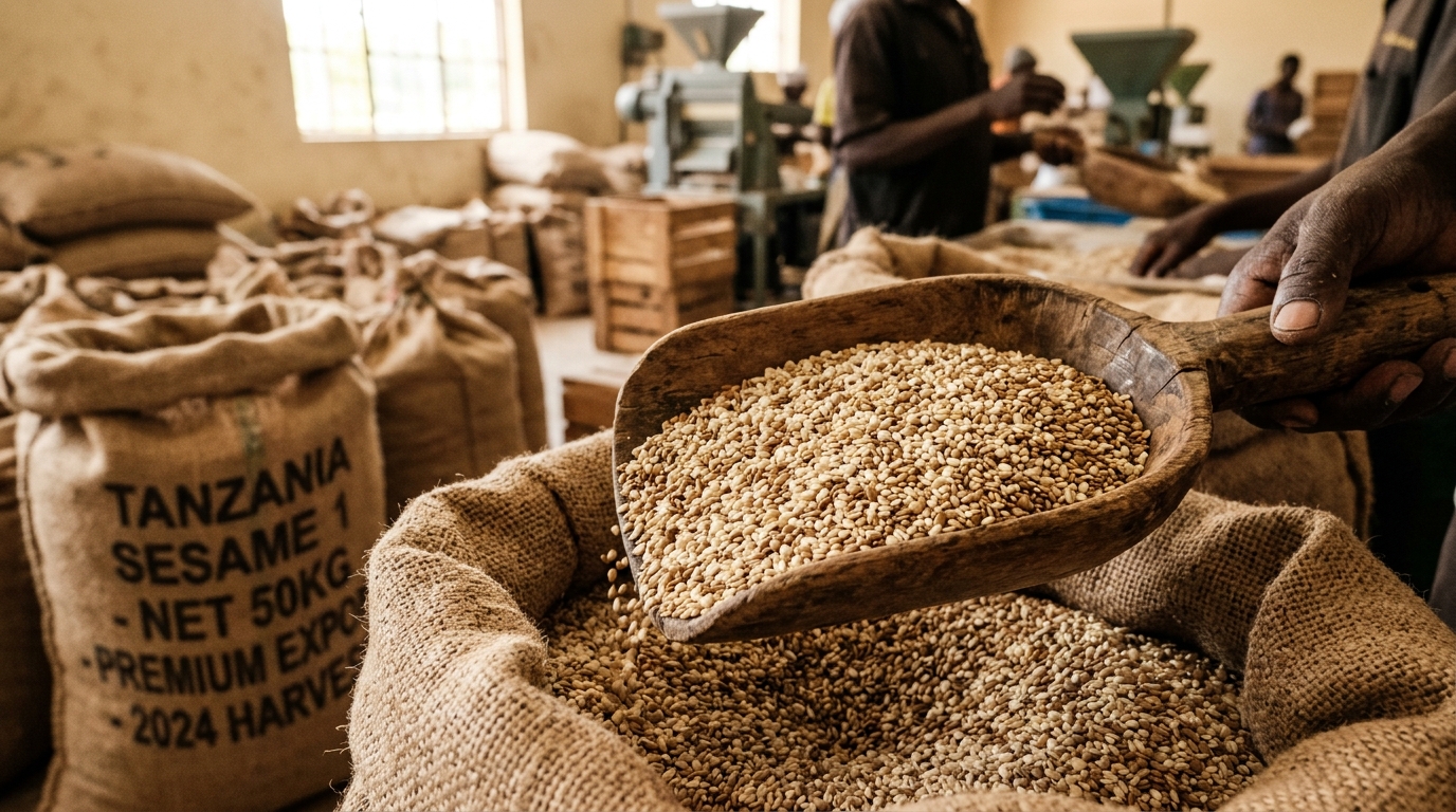 Premium natural white sesame seeds in wooden scoop at Tanzanian export cleaning facility