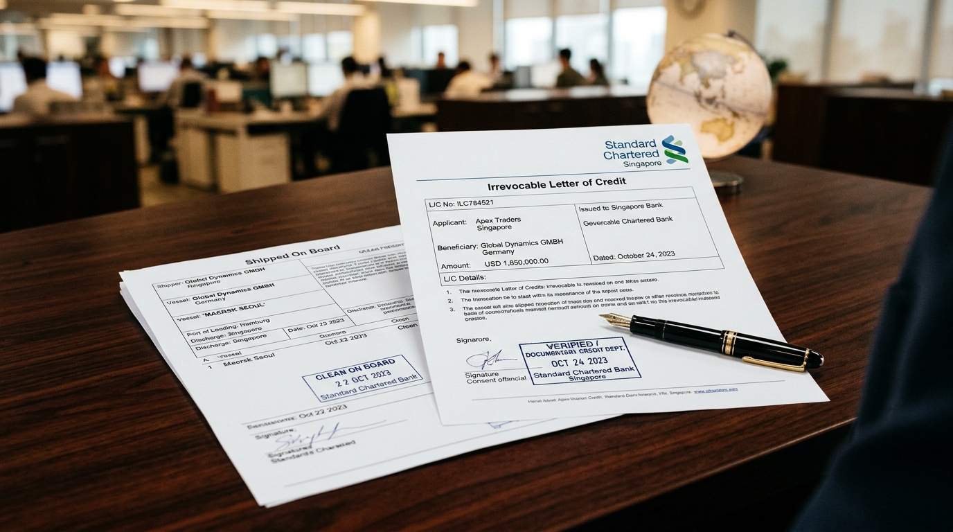 Irrevocable Letter of Credit and maritime bill of lading documents on corporate trade finance desk