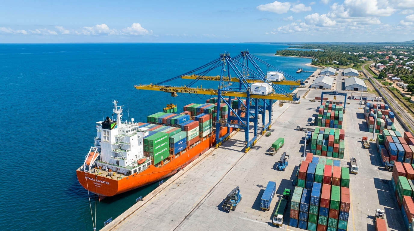 Deepwater container vessel loading at Mtwara Port: direct ocean corridor connecting southern Tanzanian cashew harvests to global processing hubs.