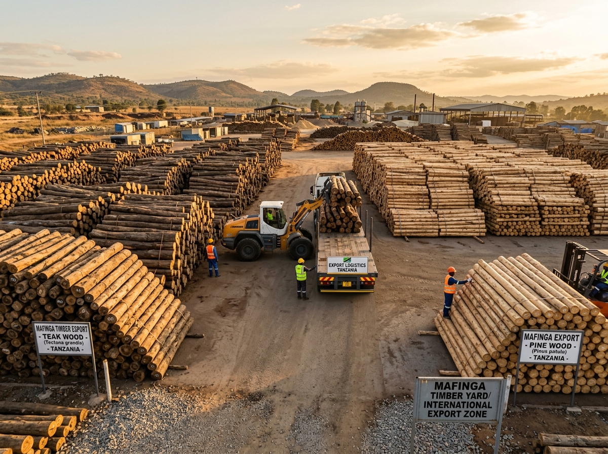 Tanzanian teak and pine timber prepared for export